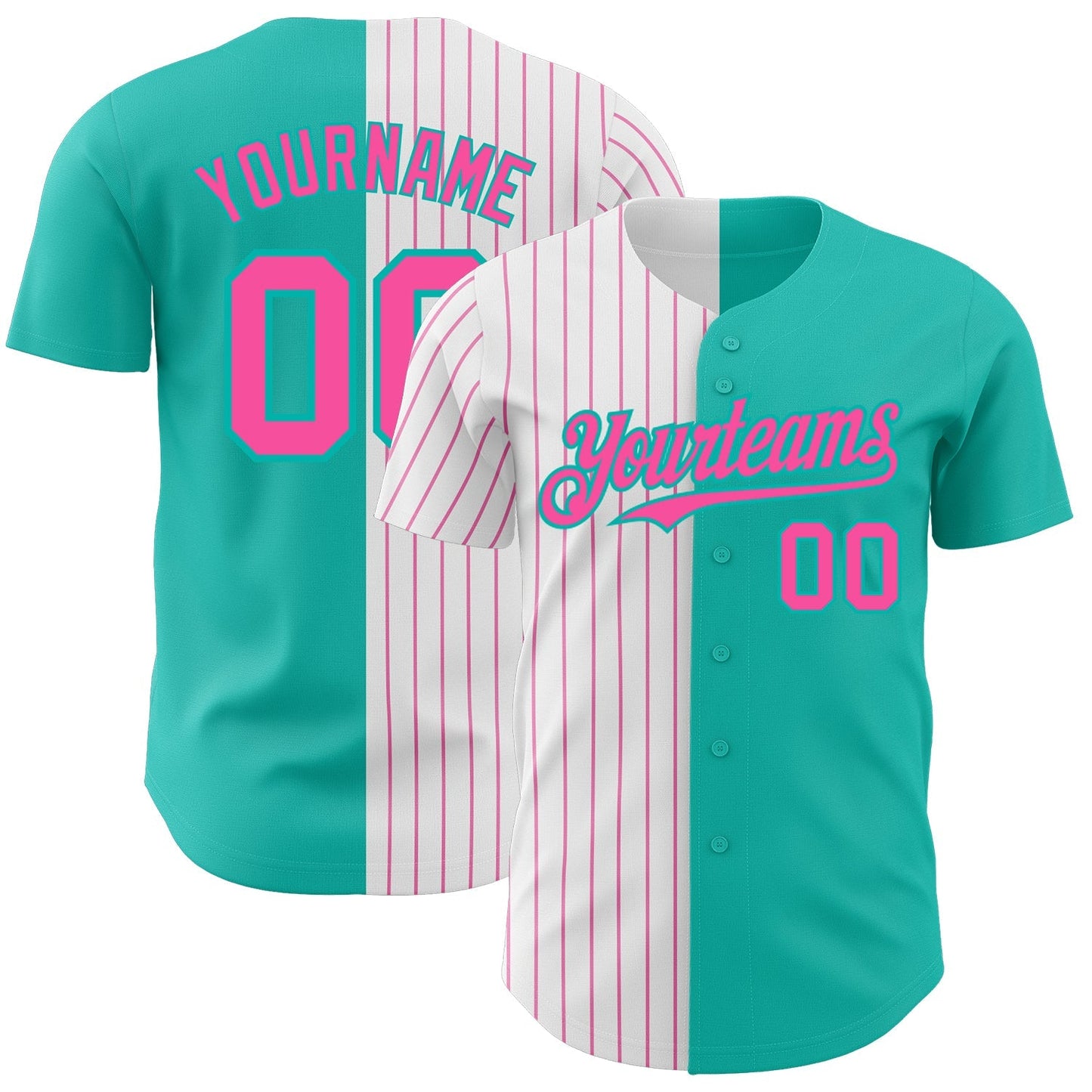 Custom Aqua White-Pink Pinstripe Authentic Split Fashion Baseball Jersey baseball jersey product view 1