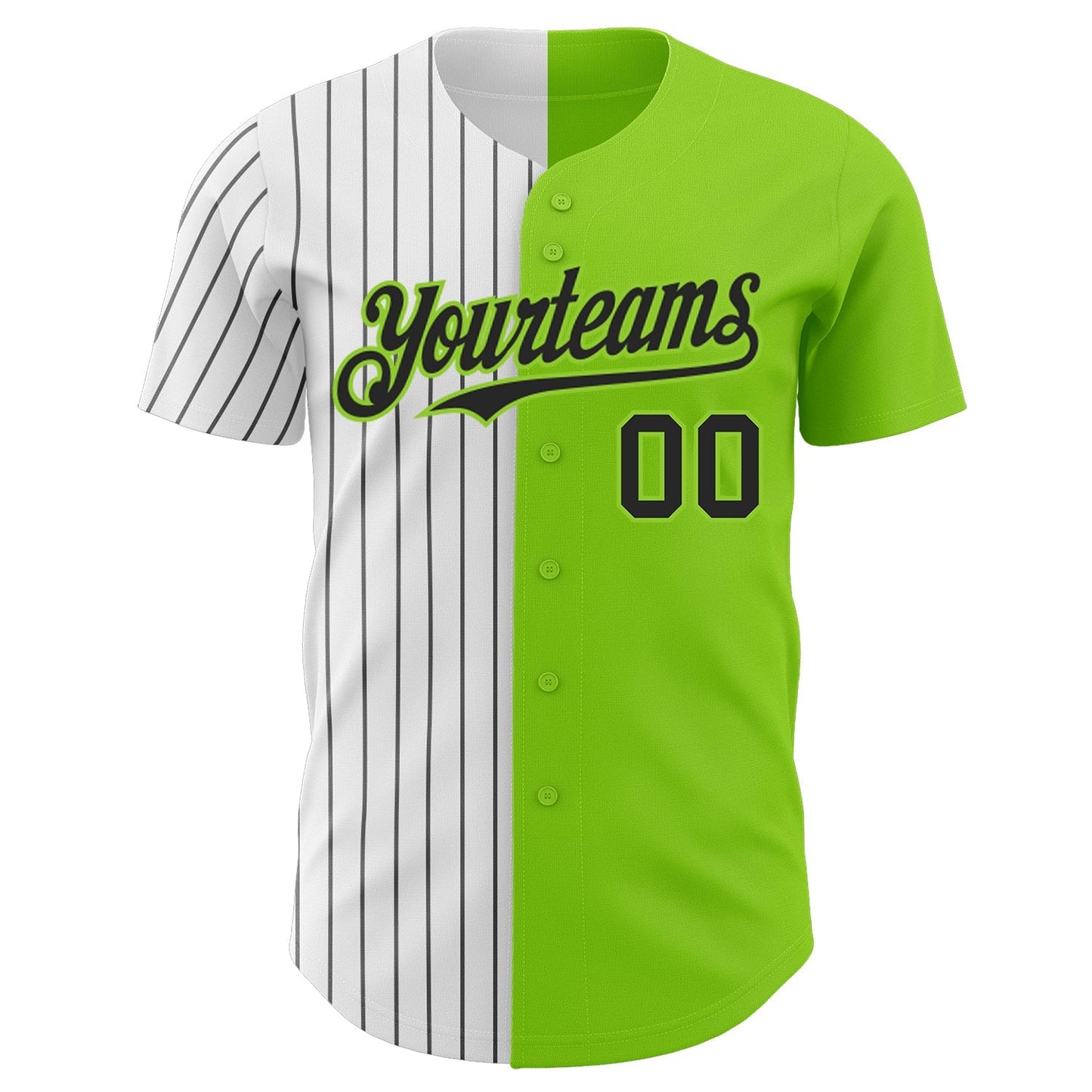 Custom Neon Green White-Black Pinstripe Authentic Split Fashion Baseball Jersey baseball jersey product view 3
