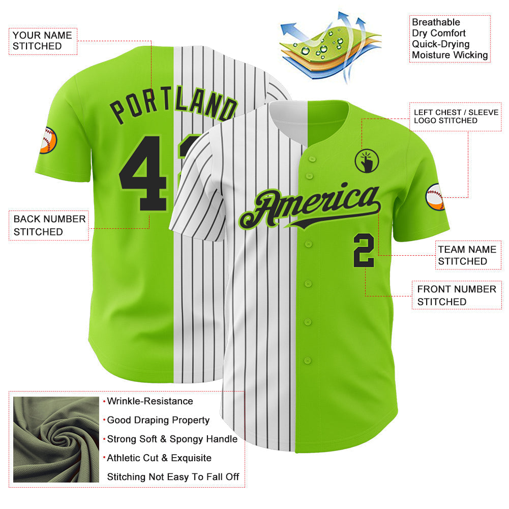 Custom Neon Green White-Black Pinstripe Authentic Split Fashion Baseball Jersey baseball jersey product view 4