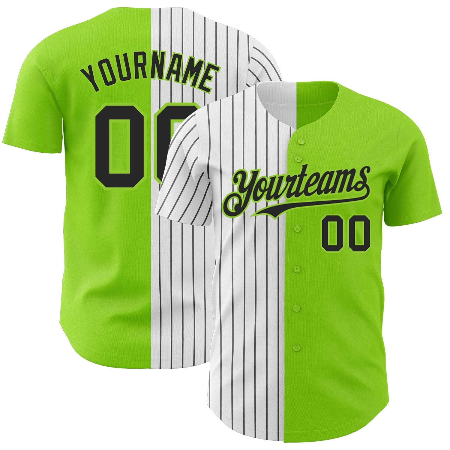 Custom Neon Green White-Black Pinstripe Authentic Split Fashion Baseball Jersey baseball jersey product view 1