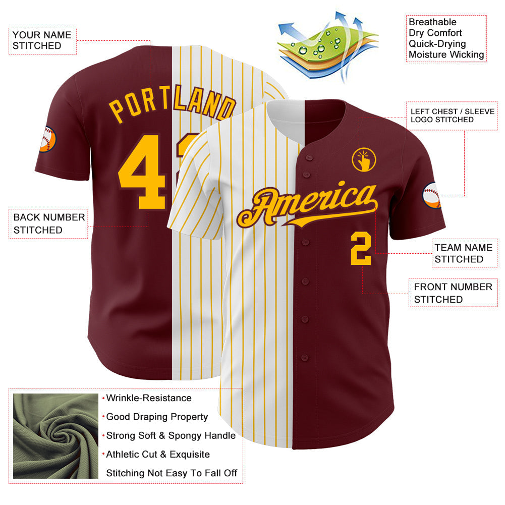 Custom Burgundy White-Gold Pinstripe Authentic Split Fashion Baseball Jersey baseball jersey product view 3