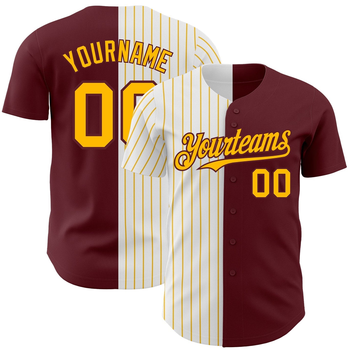 Custom Burgundy White-Gold Pinstripe Authentic Split Fashion Baseball Jersey baseball jersey product view 1