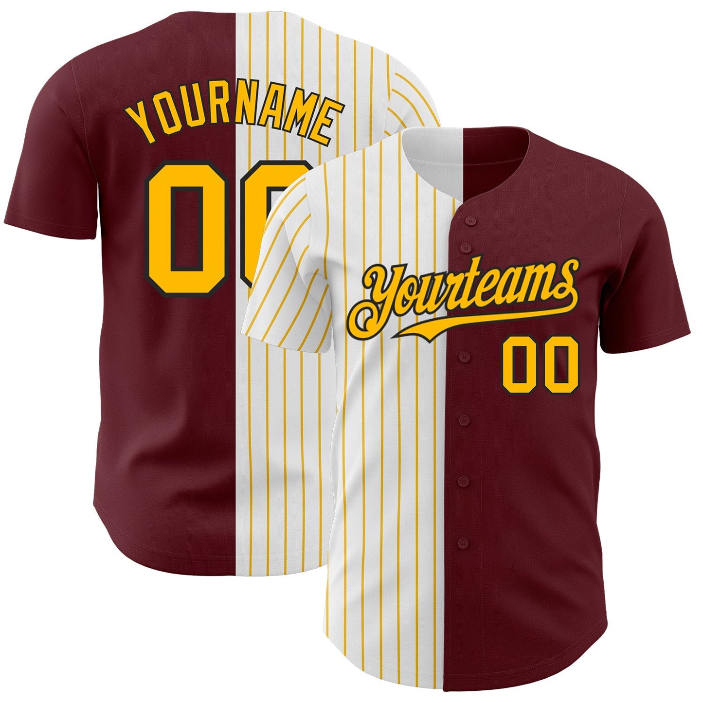 Custom Burgundy Black-Gold Pinstripe Authentic Split Fashion Baseball Jersey baseball jersey product view 1