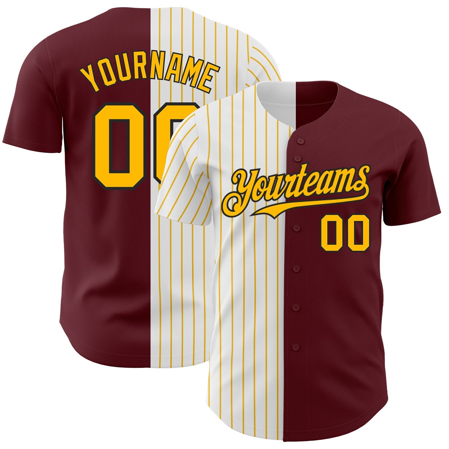 Custom Burgundy Black-Gold Pinstripe Authentic Split Fashion Baseball Jersey baseball jersey product view 1