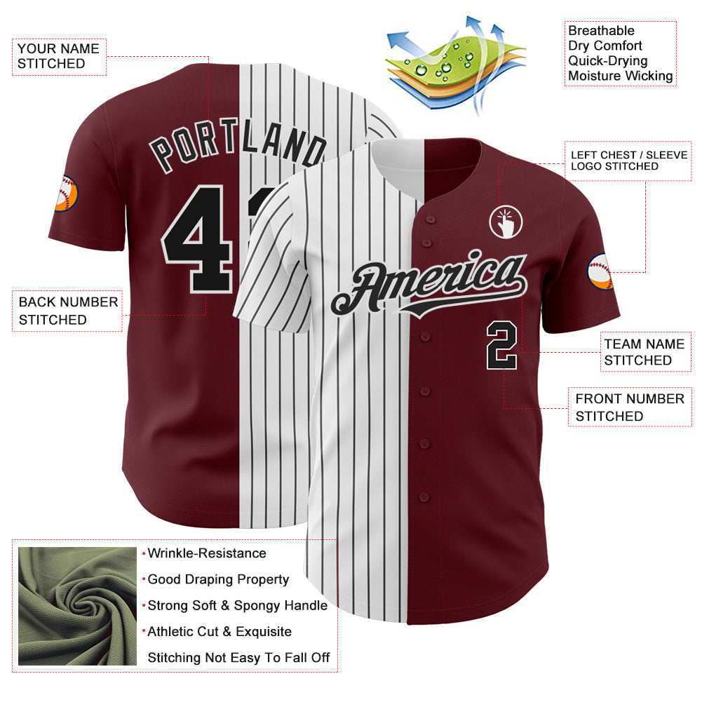Custom Burgundy White-Black Pinstripe Authentic Split Fashion Baseball Jersey baseball jersey product view 3