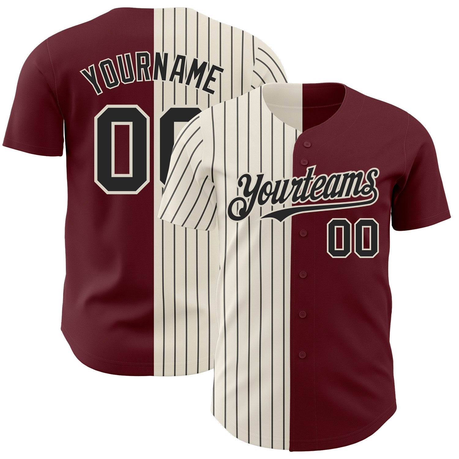Custom Burgundy Cream-Black Pinstripe Authentic Split Fashion Baseball Jersey baseball jersey product view 1