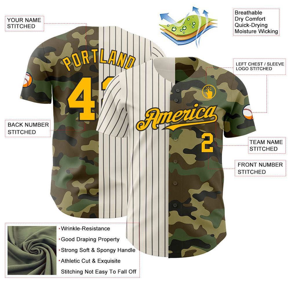 Custom Camo Gold Cream-Black Pinstripe Authentic Split Fashion Salute To Service Baseball Jersey baseball jersey product view 3