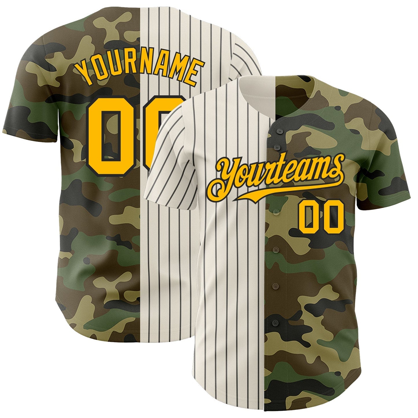 Custom Camo Gold Cream-Black Pinstripe Authentic Split Fashion Salute To Service Baseball Jersey baseball jersey product view 1
