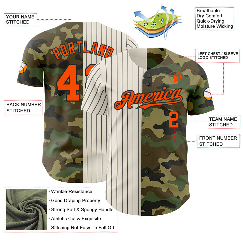 Custom Camo Orange Cream-Black Pinstripe Authentic Split Fashion Salute To Service Baseball Jersey baseball jersey product view 3