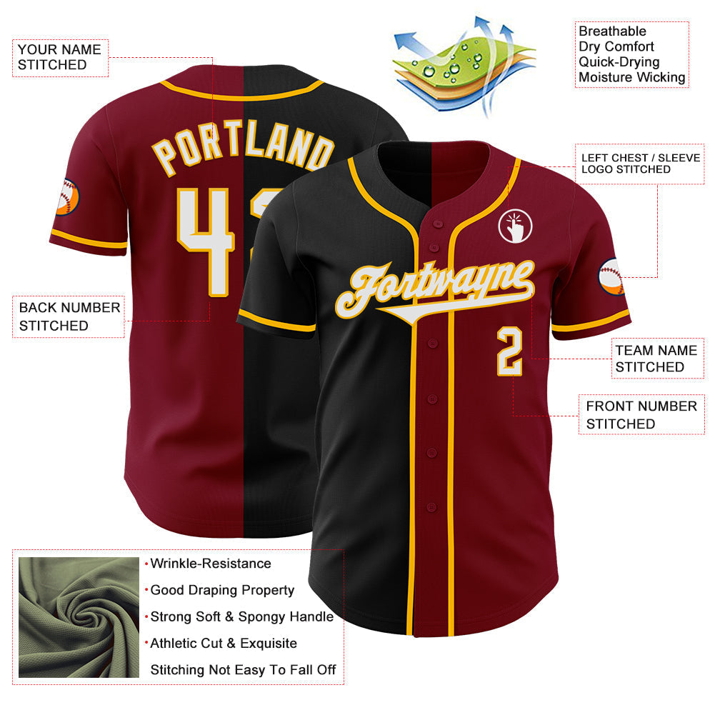 Custom Crimson Black-Gold Authentic Split Fashion Baseball Jersey baseball jersey product view 3