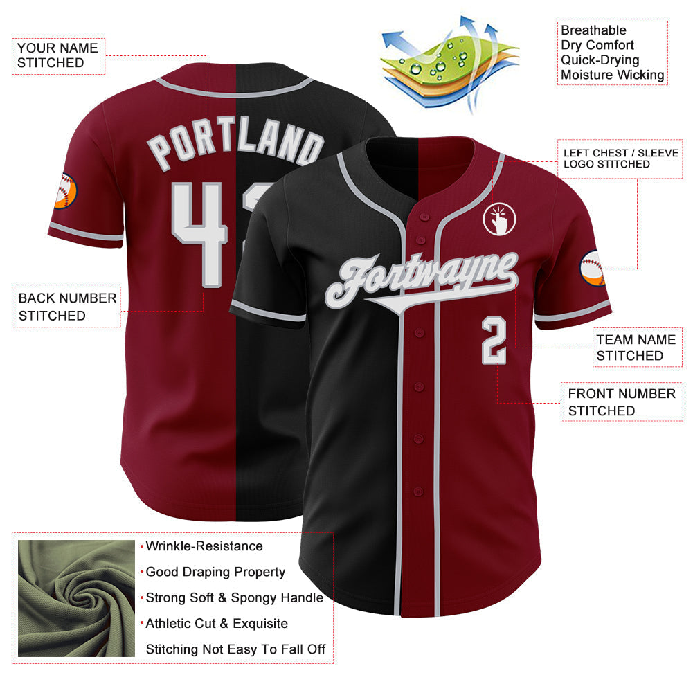 Custom Crimson Black-Gray Authentic Split Fashion Baseball Jersey baseball jersey product view 3