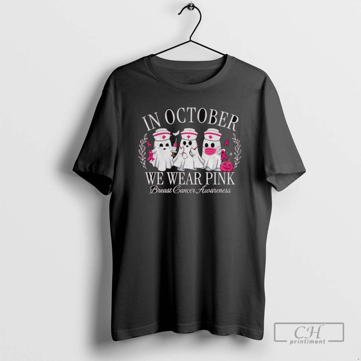 Spooky Ghost Nurse In October We Wear Pink Breast Cancer Awareness T Shirts Unisex T-shirt, Sweatshirt, Hoodie, Long Sleeve Tee - T-Shirt, Sweatshirt, Hoodie