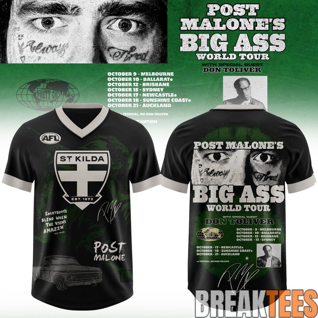 St Kilda Football Club x Post Malone Big Ass World Tour 2026 Football Jersey Unisex T-shirt, Sweatshirt, Hoodie, Long Sleeve Tee - T-Shirt, Sweatshirt, Hoodie