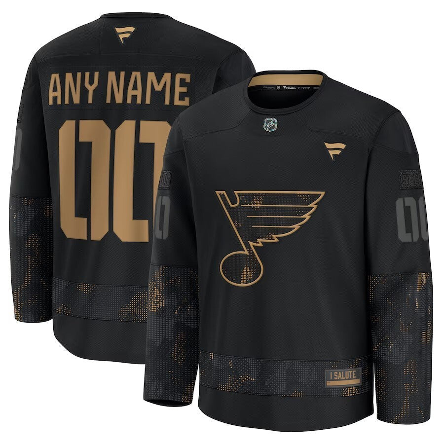St. Louis Blues 2024 Military Appreciation Personalized Long Sleeve Practice Jersey - Black hockey jersey product view 1