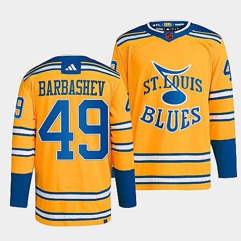 St. Louis Blues #49 ivan-barbashev-yellow-2022reverse-retro-2.0-authentic-primegreen-jersey hockey jersey product view 1