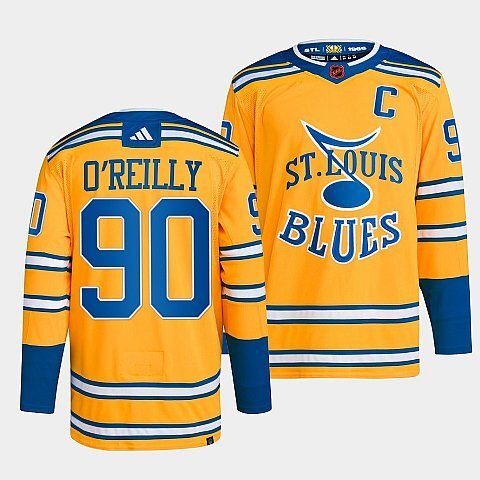 St. Louis Blues #90 ryan-o'reilly-yellow-2022reverse-retro-2.0-authentic-primegreen-jersey hockey jersey product view 1