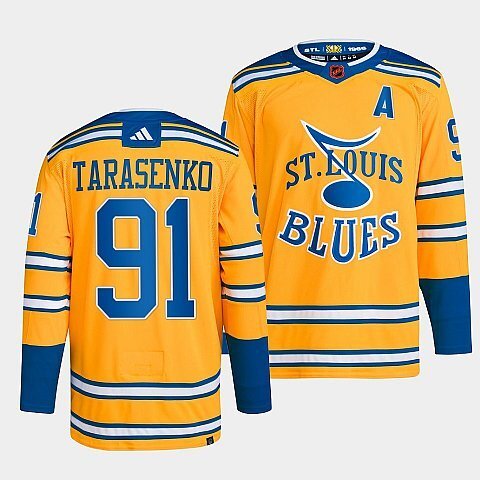 St. Louis Blues #91 vladimir-tarasenko-yellow-2022reverse-retro-2.0-authentic-primegreen-jersey hockey jersey product view 1