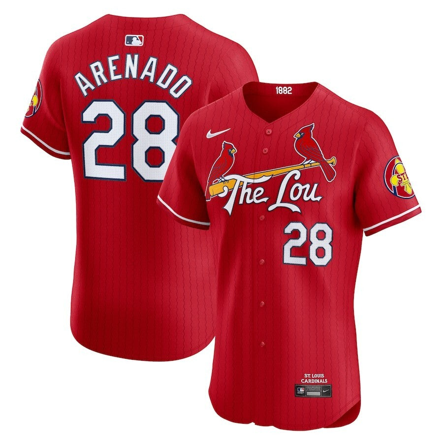 St. Louis Cardinals #28 Nolan Arenado 2024 City Connect Elite Player Jersey - Red Baseball Jersey baseball jersey product view 1