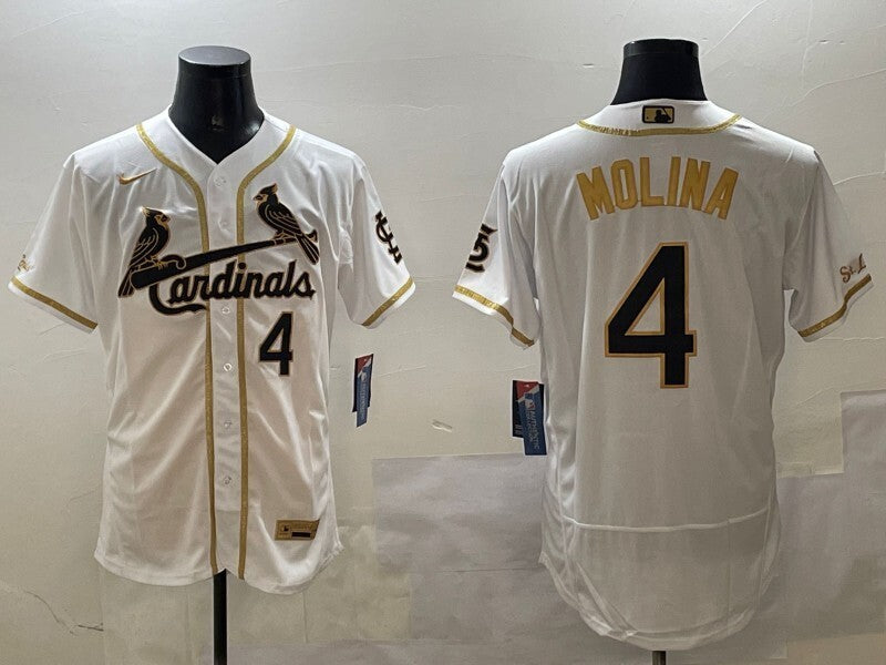St. Louis Cardinals #4 Yadier Molina Red Gold Text .png Baseball Jersey baseball jersey product view 1
