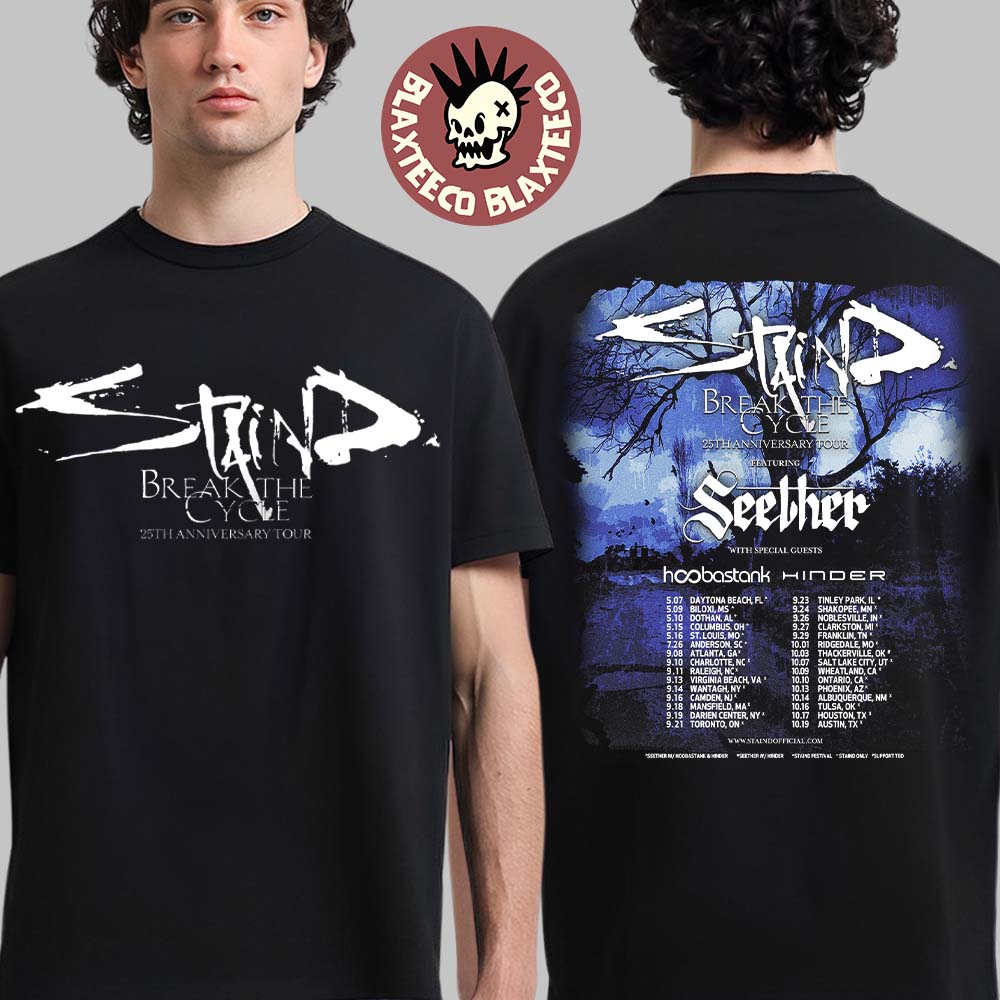 Staind Break The Cycle 25th Anniversary Tour North America City Dates Two Sided T-Shirt Unisex T-shirt, Sweatshirt, Hoodie, Long Sleeve Tee - T-Shirt, Sweatshirt, Hoodie
