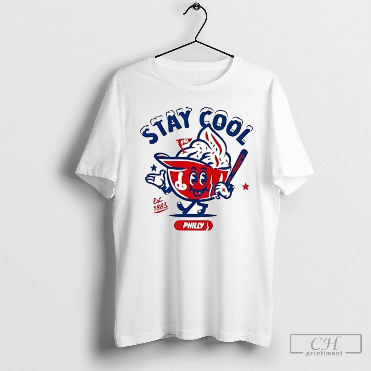 Stay Cool Philly Baseball Mascot Est 1883 With Bat And Flag Posters White Shirt Unisex T-shirt, Sweatshirt, Hoodie, Long Sleeve Tee - T-Shirt, Sweatshirt, Hoodie