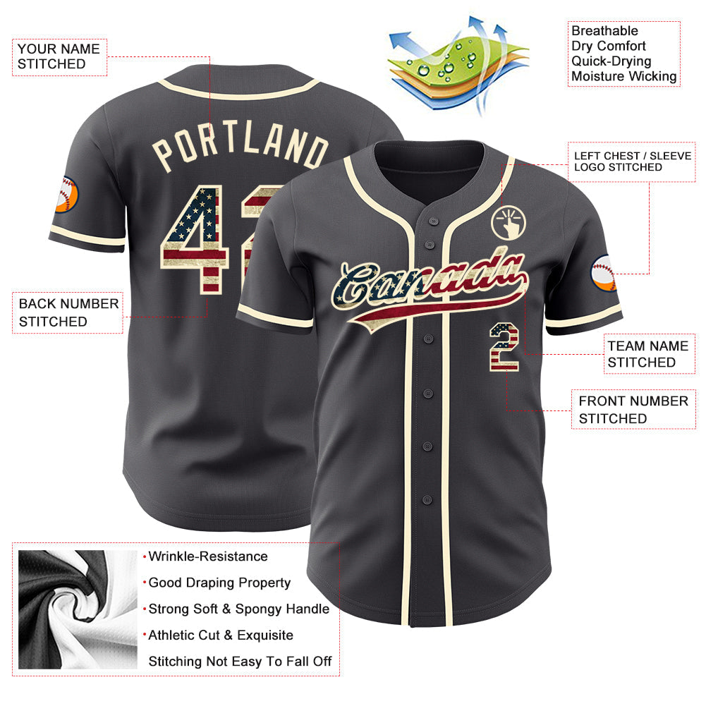 Custom Steel Gray Vintage USA Flag-Cream Authentic Baseball Jersey baseball jersey product view 3