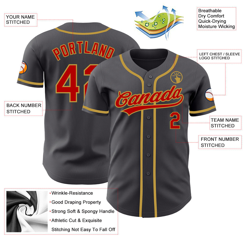 Custom Steel Gray Red-Old Gold Authentic Baseball Jersey baseball jersey product view 3