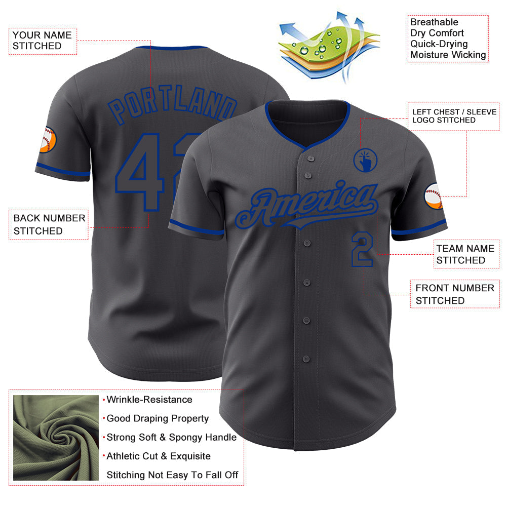 Custom Steel Gray Royal Authentic Baseball Jersey baseball jersey product view 3