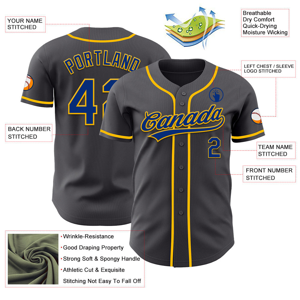 Custom Steel Gray Royal-Gold Authentic Baseball Jersey baseball jersey product view 3