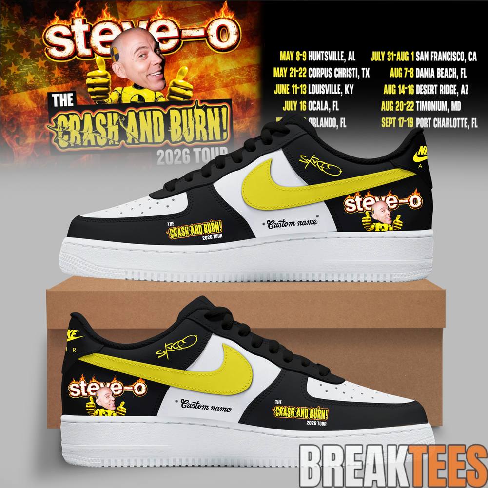 SteveO Crash And Burn Tour 2026 Custom Air Force 1 Shoes Unisex T-shirt, Sweatshirt, Hoodie, Long Sleeve Tee - T-Shirt, Sweatshirt, Hoodie