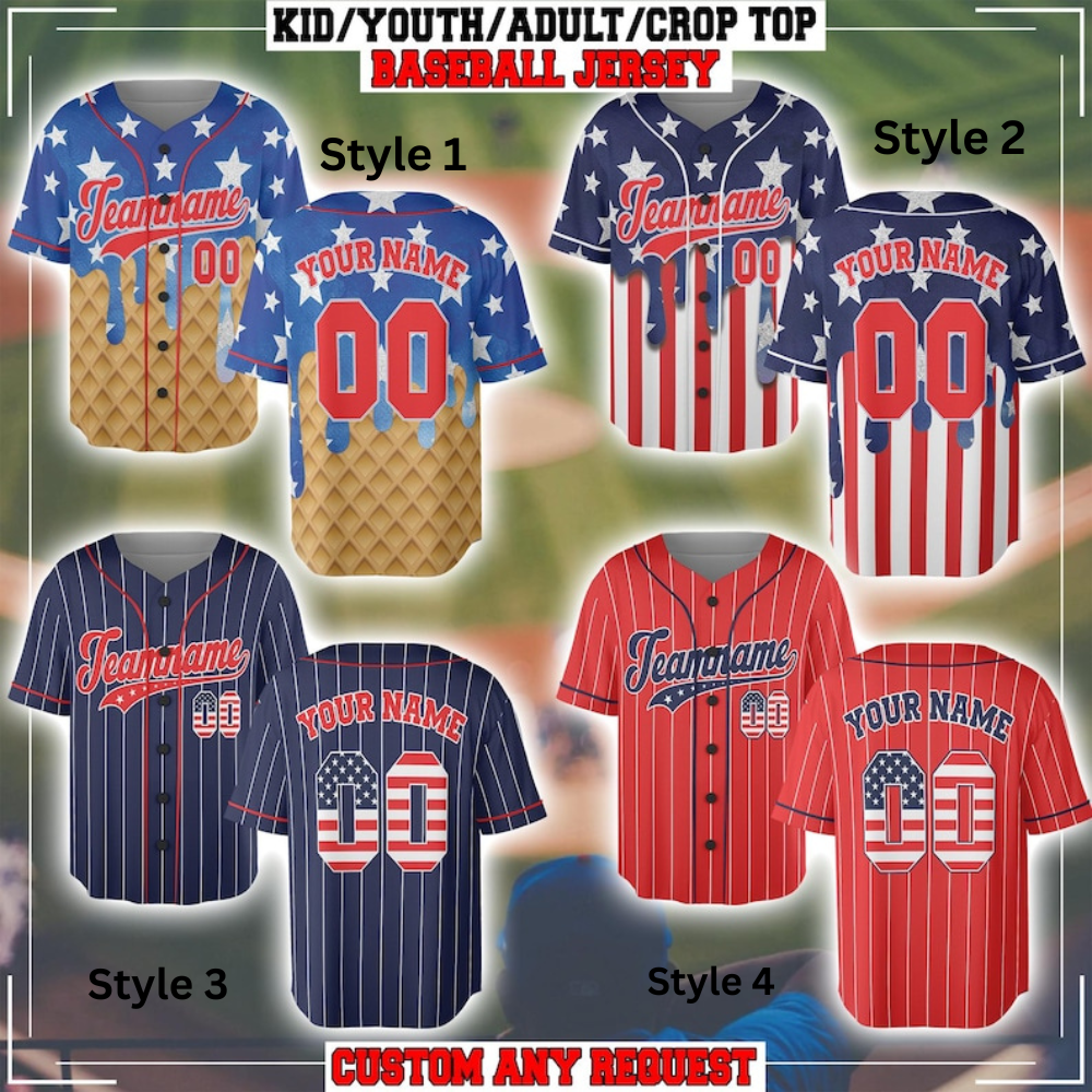 Personalized USA Baseball Jersey, Custom 4th of July Independence Day Patriotic Shirt with Name & Number, Red White Blue Striped Jersey baseball jersey product view 2