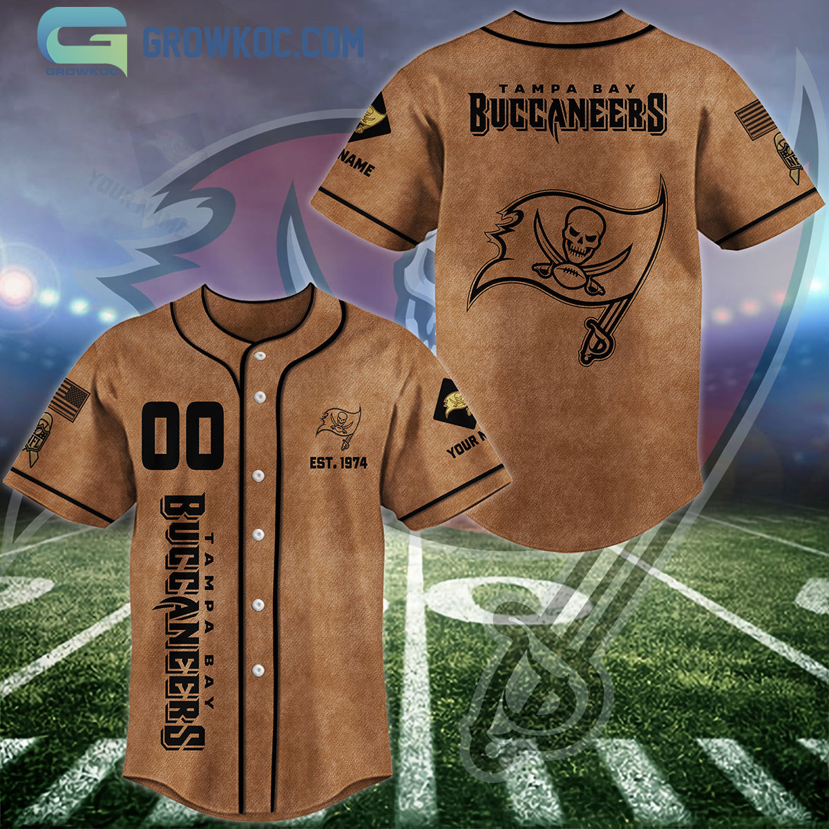 Tampa Bay Buccaneers Brown American Flag Personalized Baseball Jersey baseball jersey product view 1