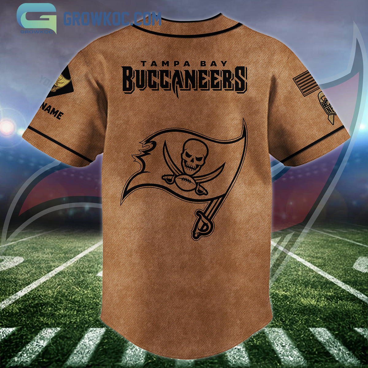 Tampa Bay Buccaneers Brown American Flag Personalized Baseball Jersey baseball jersey product view 2