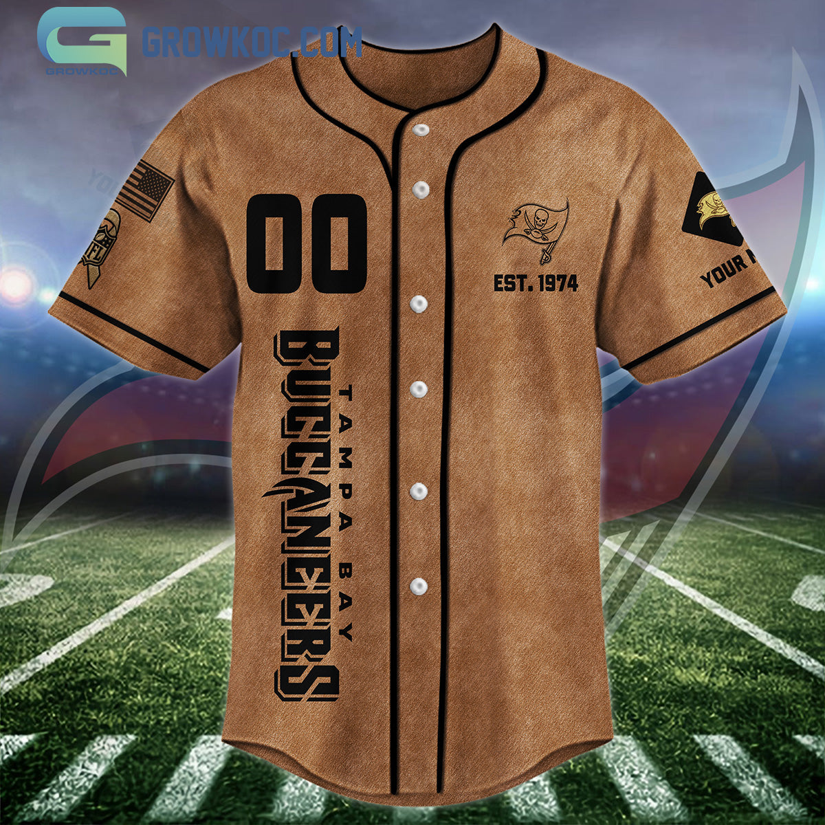Tampa Bay Buccaneers Brown American Flag Personalized Baseball Jersey baseball jersey product view 3