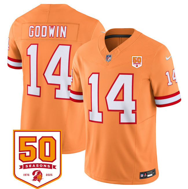 Tampa Bay Buccaneers #14 Chris Godwin Orange 2025 F.U.S.E. 50th Anniversary Patch Football Jersey football jersey product view 1