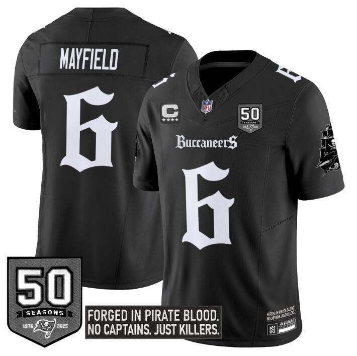 Tampa Bay Buccaneers #6 Baker Mayfield Black F.U.S.E. 50th Season & 4-Star C Patch Football Jersey football jersey product view 1