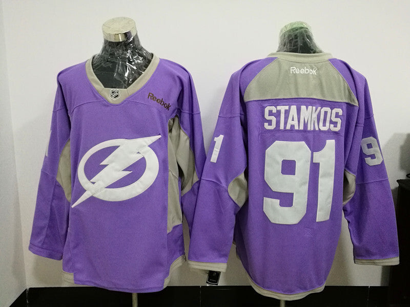 Tampa Bay Lightning #91 Steven Stamkos Purple Breast cancer Hockey Jersey hockey jersey product view 1