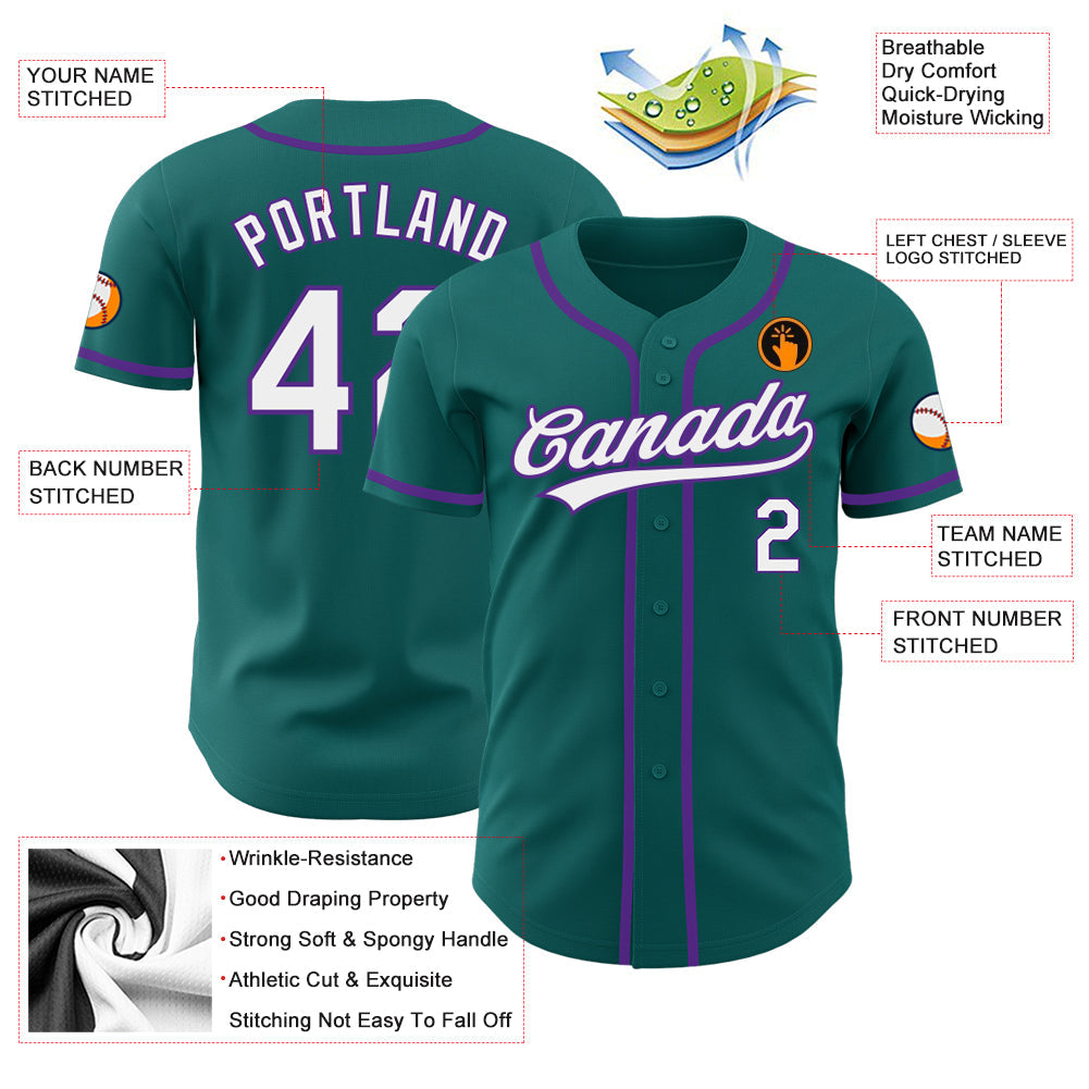 Custom Teal White-Purple Authentic Baseball Jersey baseball jersey product view 3