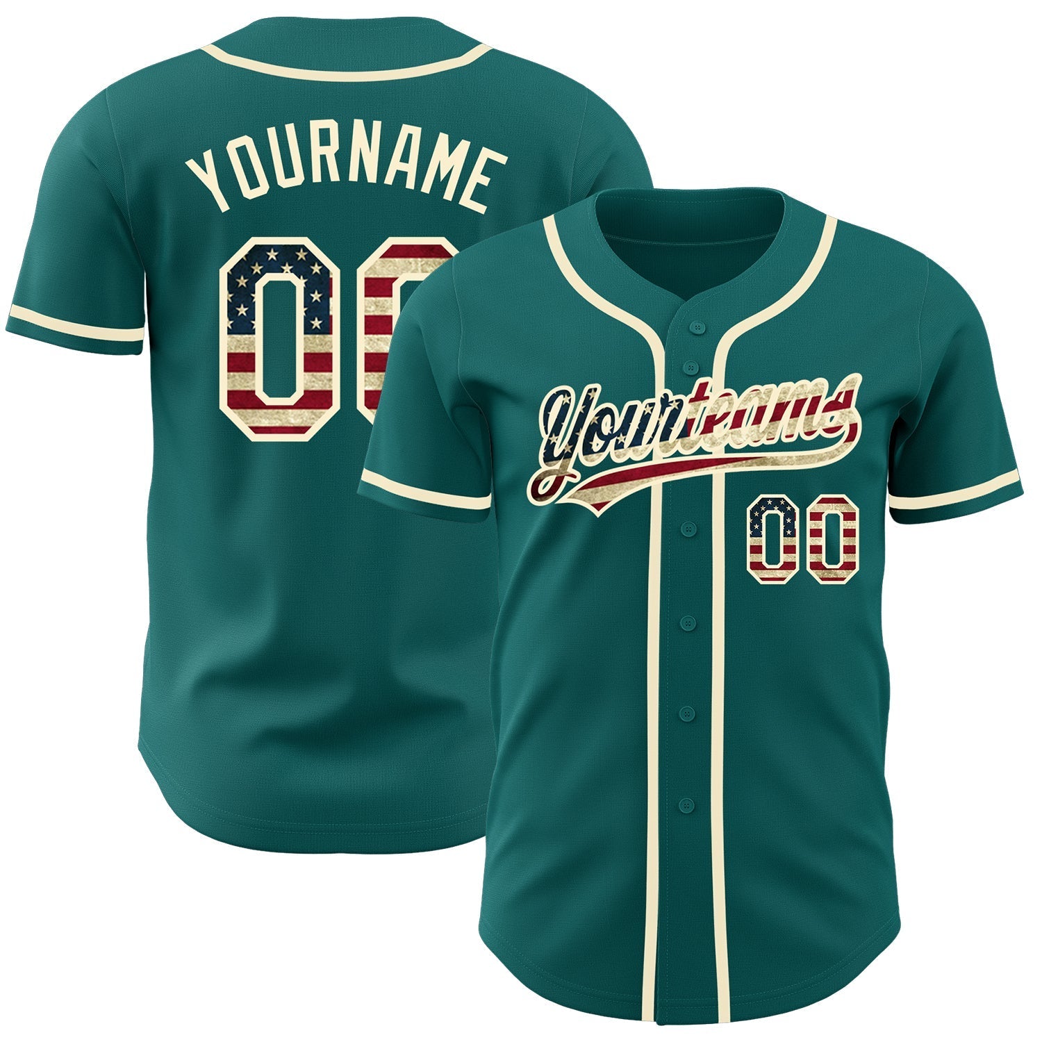 Custom Teal Vintage USA Flag-Cream Authentic Baseball Jersey baseball jersey product view 1