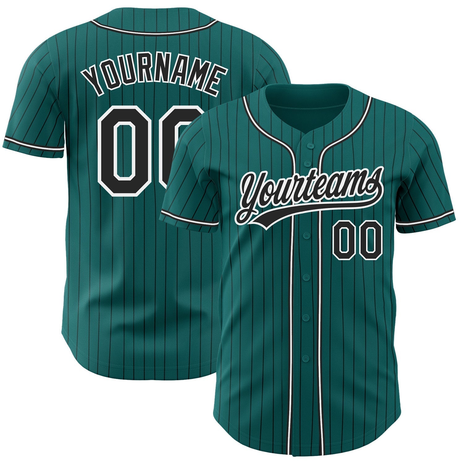 Custom Teal Black Pinstripe Black-White Authentic Baseball Jersey baseball jersey product view 1