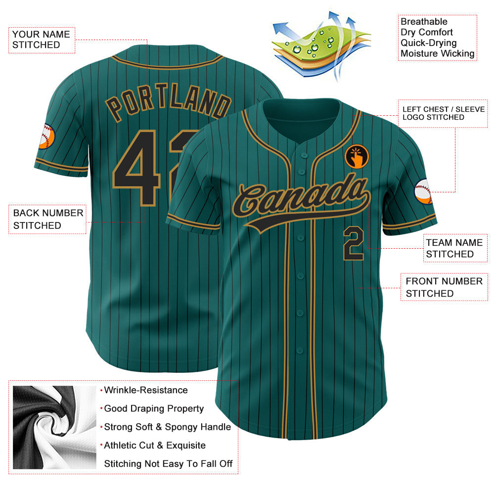 Custom Teal Black Pinstripe Black-Old Gold Authentic Baseball Jersey baseball jersey product view 3