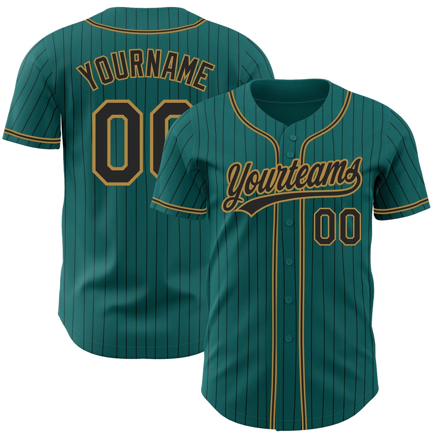 Custom Teal Black Pinstripe Black-Old Gold Authentic Baseball Jersey baseball jersey product view 1