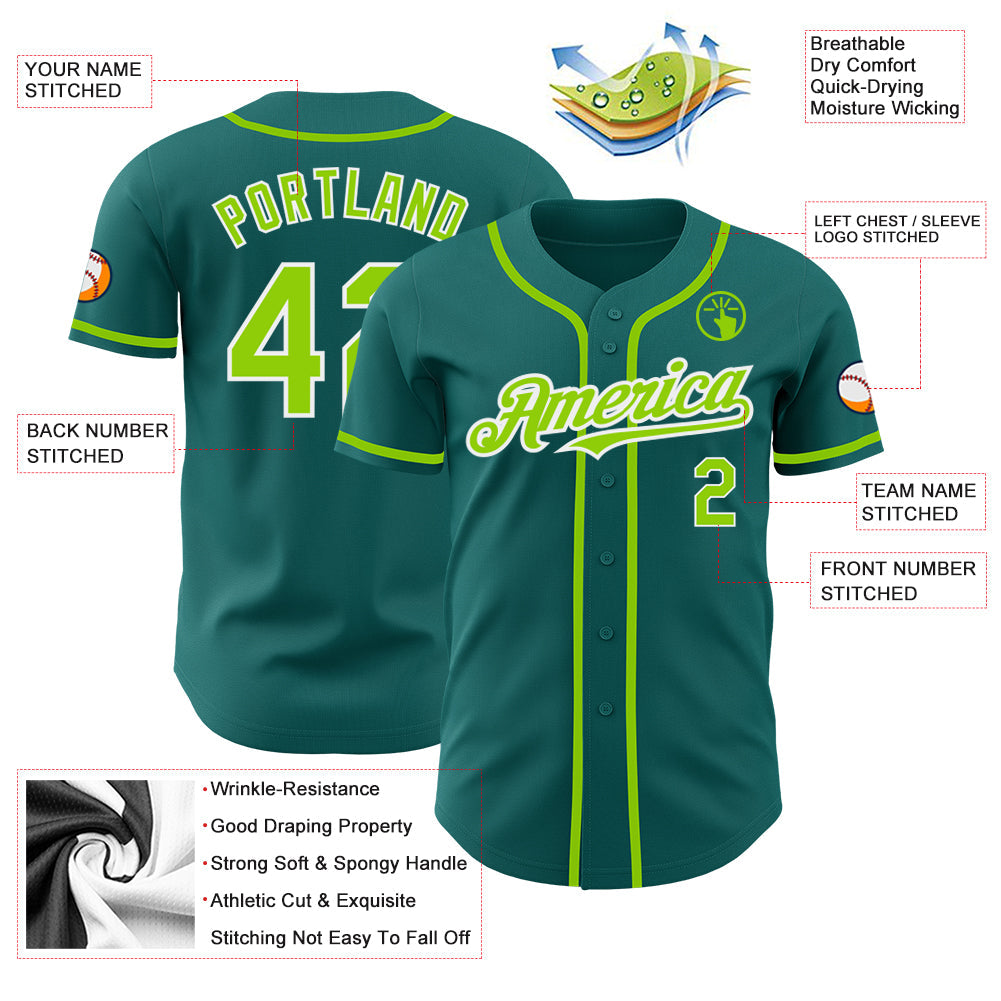 Custom Teal Neon Green-White Authentic Baseball Jersey baseball jersey product view 3