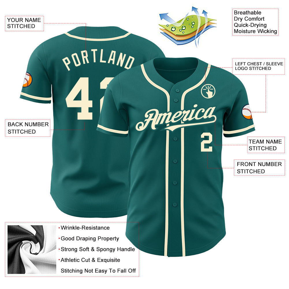 Custom Teal Cream Authentic Baseball Jersey baseball jersey product view 3