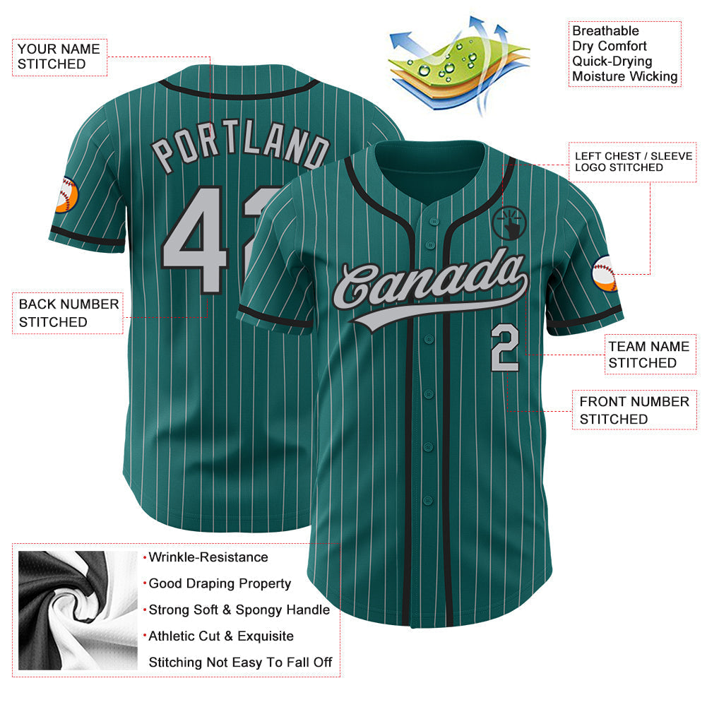 Custom Teal Gray Pinstripe Black Authentic Baseball Jersey baseball jersey product view 3