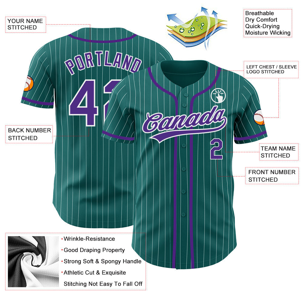 Custom Teal White Pinstripe Purple Authentic Baseball Jersey baseball jersey product view 3
