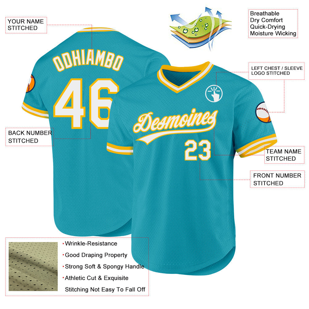 Custom Teal White-Gold Authentic Throwback Baseball Jersey baseball jersey product view 3