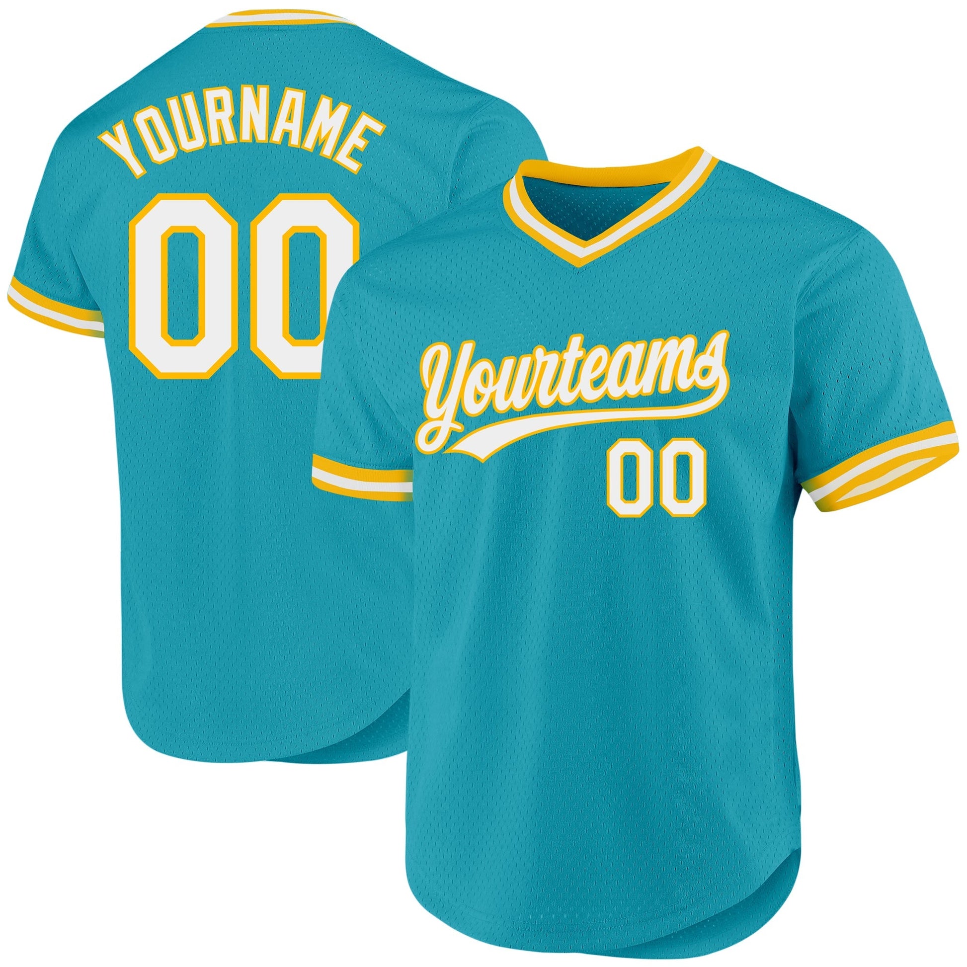 Custom Teal White-Gold Authentic Throwback Baseball Jersey baseball jersey product view 1