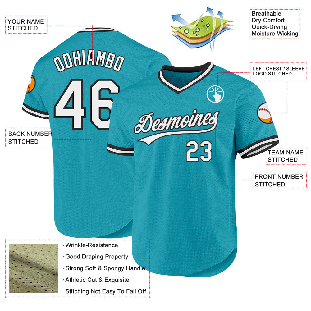 Custom Teal White-Black Authentic Throwback Baseball Jersey baseball jersey product view 3