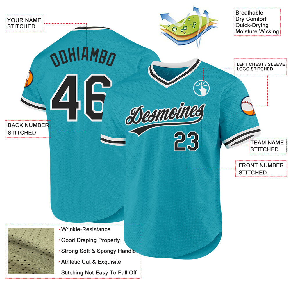 Custom Teal Black-White Authentic Throwback Baseball Jersey baseball jersey product view 3
